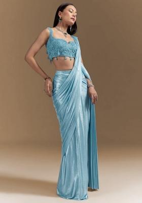 Aqua Blue Handwork Satin Pre Draped Saree Set