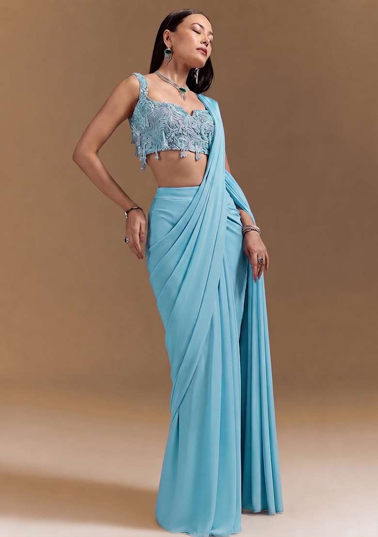 Aqua Blue Handwork Satin Pre Draped Saree Set - Indya