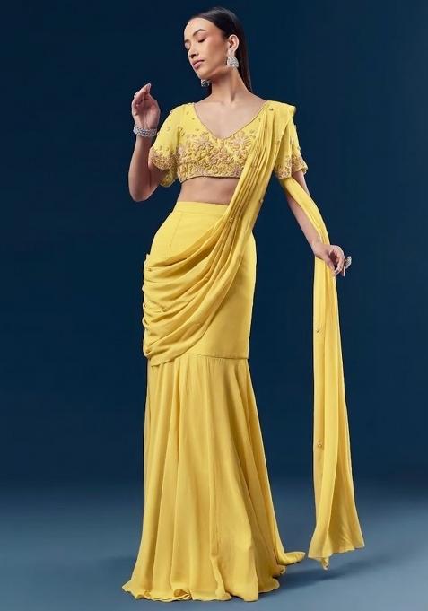 Yellow Handwork Goergette Pre Draped Saree Set