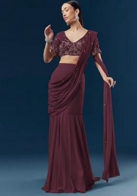 Wine Red Handwork Goergette Pre Draped Saree Set
