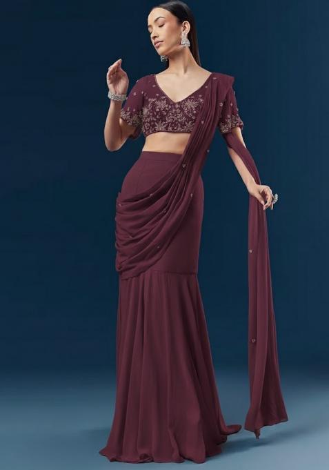Wine Red Handwork Goergette Pre Draped Saree Set