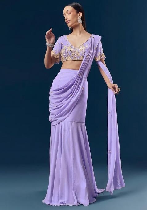 Lavender Handwork Goergette Pre Draped Saree Set
