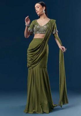 Olive Green Handwork Goergette Pre Draped Saree Set