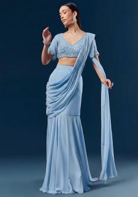 Powder Blue Handwork Goergette Pre Draped Saree Set