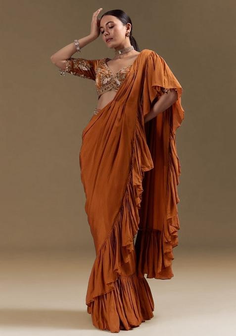 Burnt Orange Handwork Crepe Pre Draped Saree Set