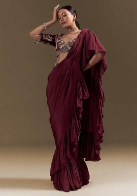 Maroon Handwork Crepe Pre Draped Saree Set