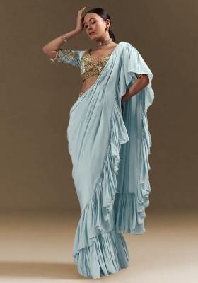 Powder Blue Handwork Crepe Pre Draped Saree Set