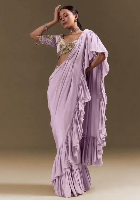 Lilac Handwork Crepe Pre Draped Saree Set