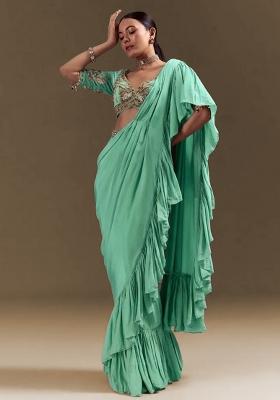 Mint Green Handwork Crepe Pre Draped Saree Set