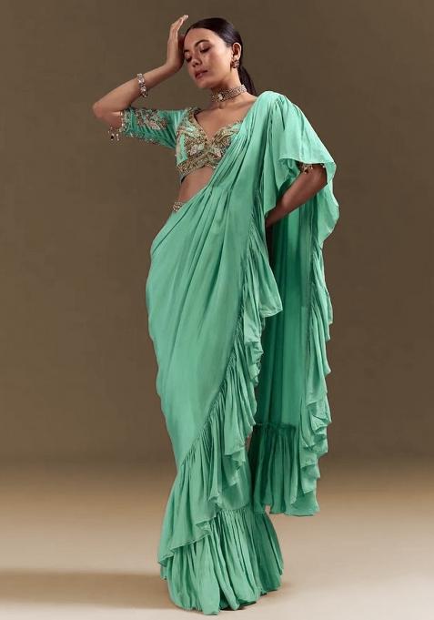 Mint Green Handwork Crepe Pre Draped Saree Set