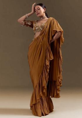 Brown Handwork Crepe Pre Draped Saree Set