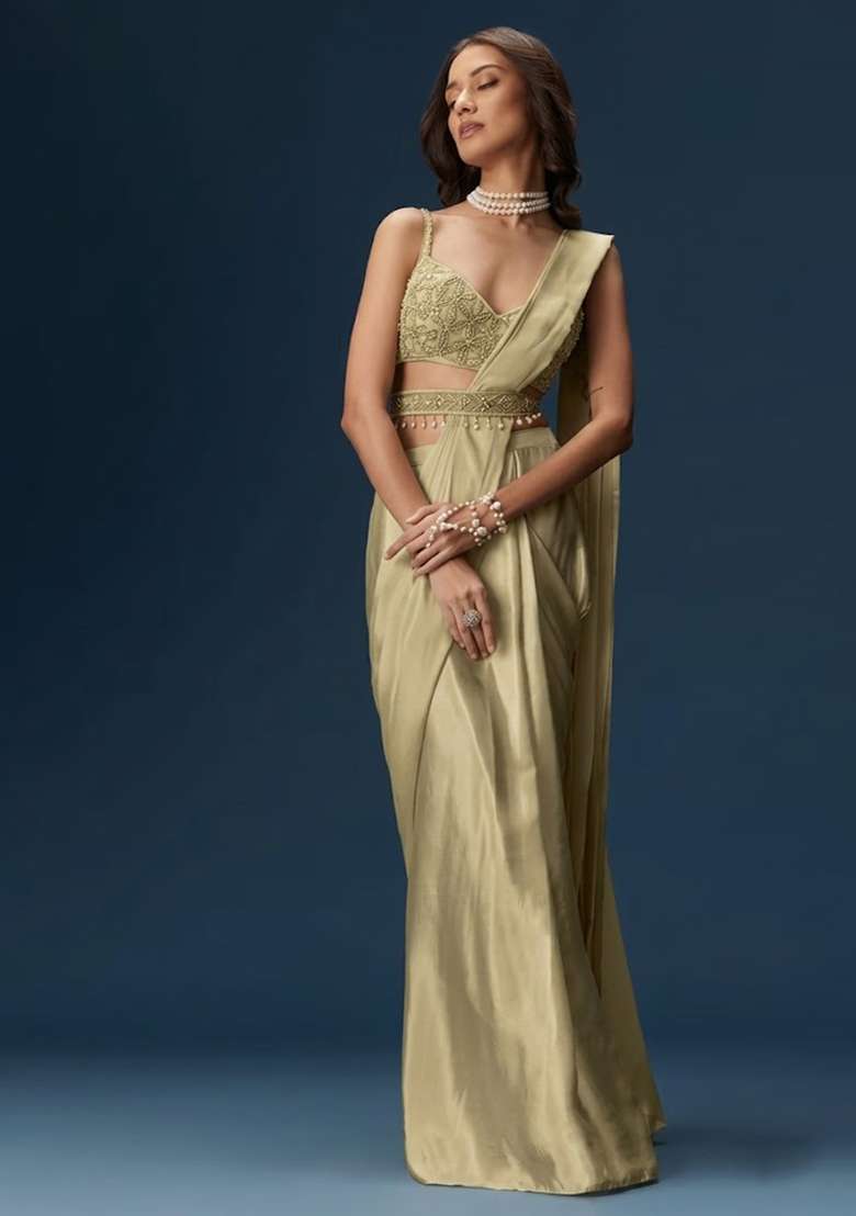 Yellow Handwork Satin Pre Draped Saree Set - Indya