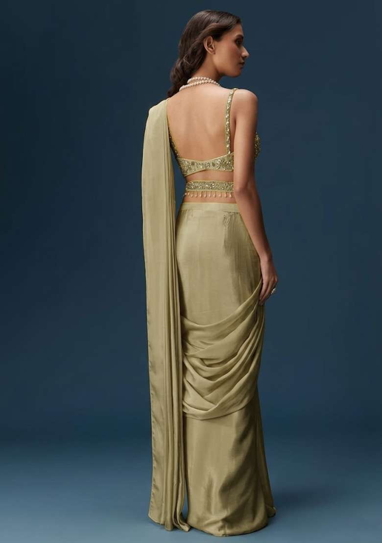 Yellow Handwork Satin Pre Draped Saree Set - Indya