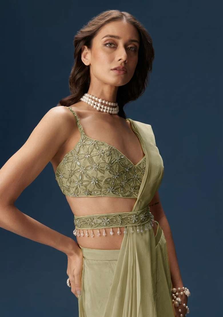 Yellow Handwork Satin Pre Draped Saree Set - Indya
