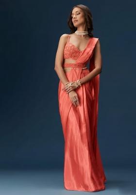 Coral Handwork Satin Pre Draped Saree Set