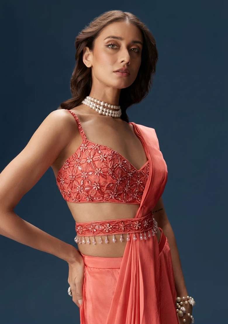 Coral Handwork Satin Pre Draped Saree Set - Indya