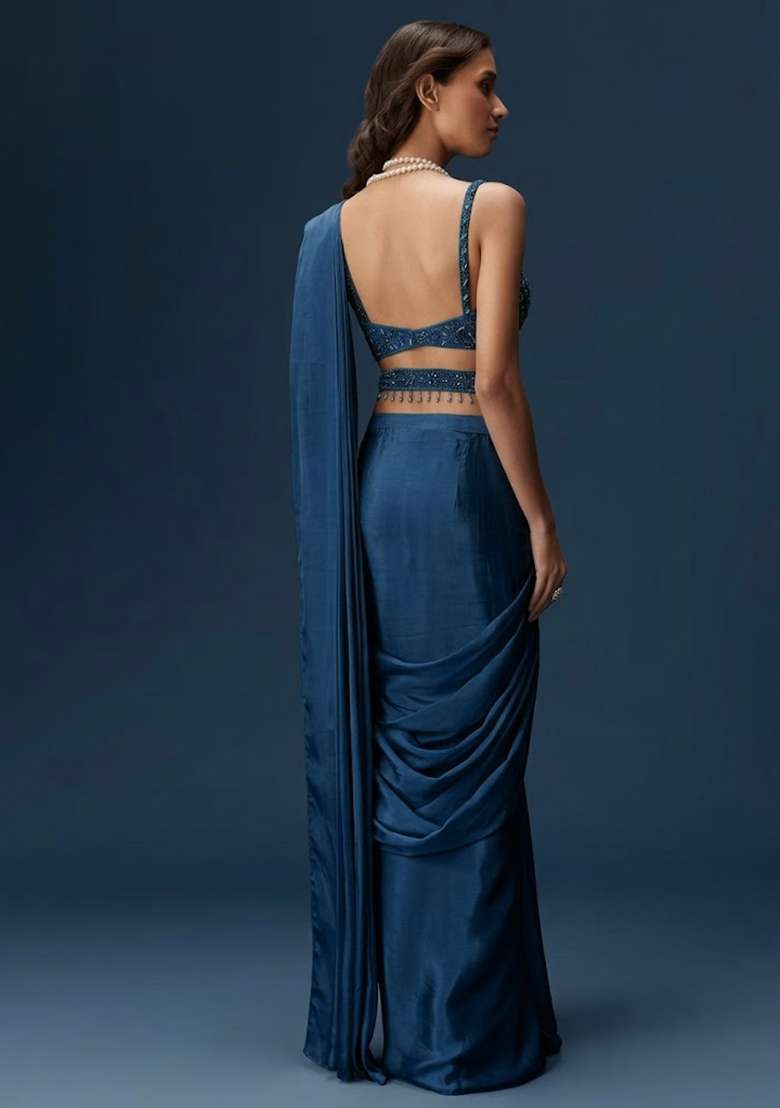 Deep Teal Blue Handwork Satin Pre Draped Saree Set - Indya