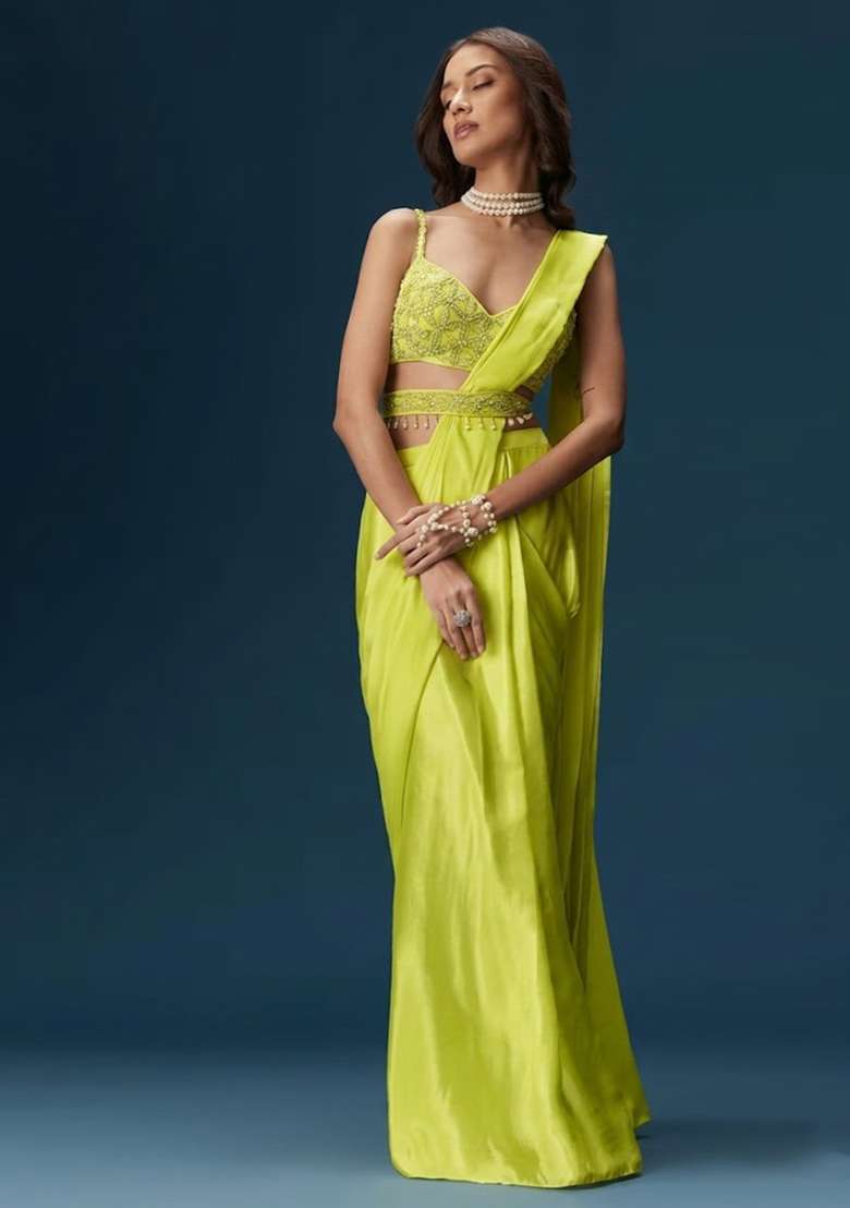 Lime Green Handwork Satin Pre Draped Saree Set - Indya