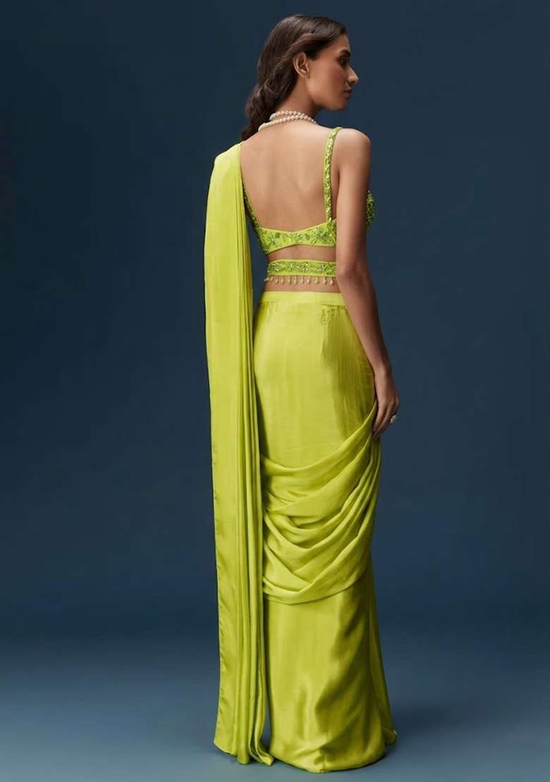 Lime Green Handwork Satin Pre Draped Saree Set - Indya