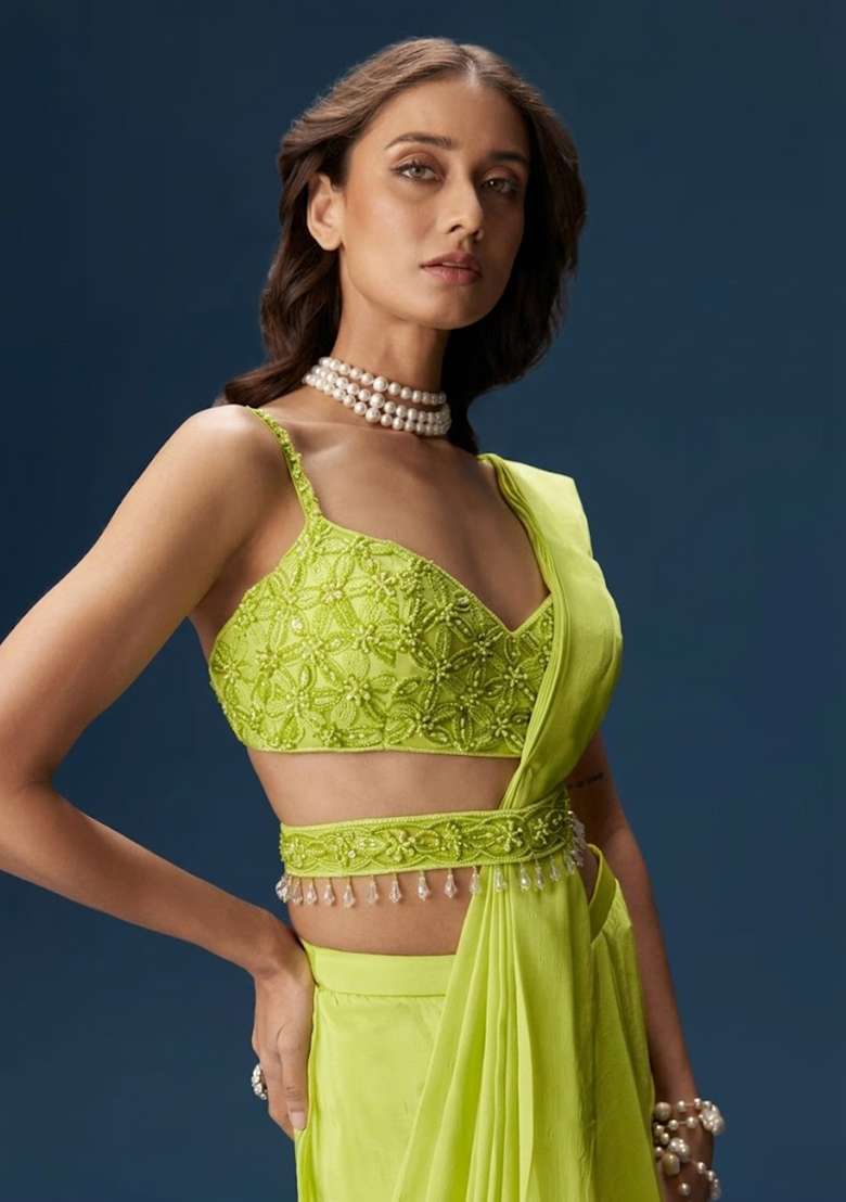 Lime Green Handwork Satin Pre Draped Saree Set - Indya