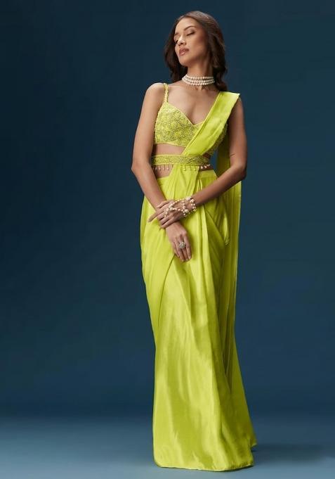 Lime Green Handwork Satin Pre Draped Saree Set — view on Indya