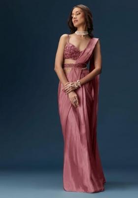 Dusty Rose Handwork Satin Pre Draped Saree Set