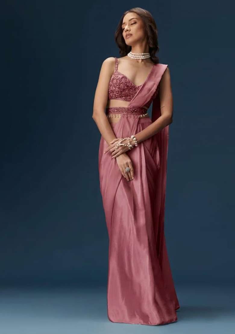 Dusty Rose Handwork Satin Pre Draped Saree Set - Indya