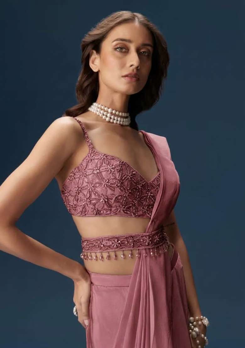 Dusty Rose Handwork Satin Pre Draped Saree Set - Indya