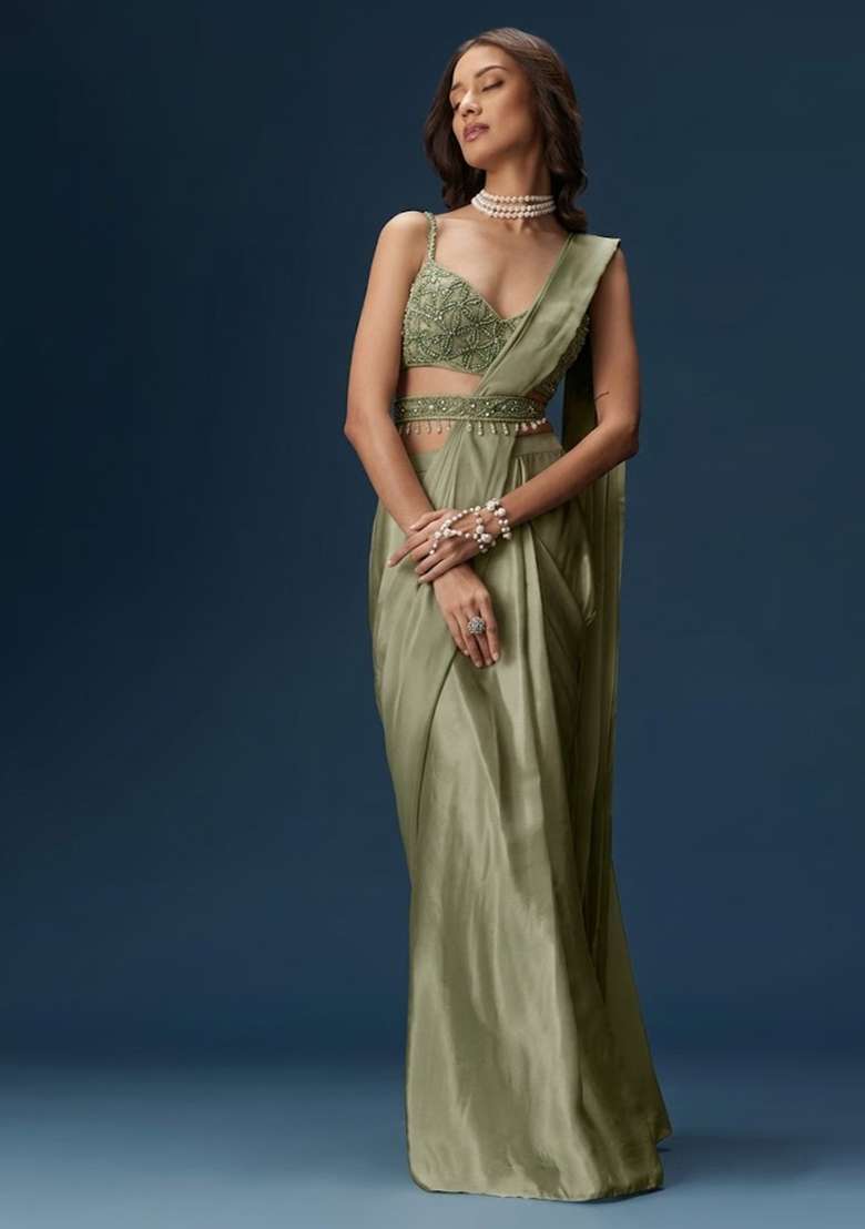 Sage Green Handwork Satin Pre Draped Saree Set - Indya