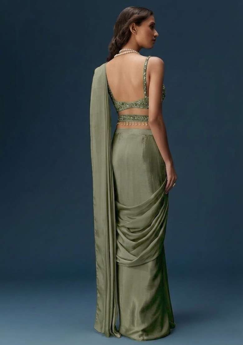 Sage Green Handwork Satin Pre Draped Saree Set - Indya