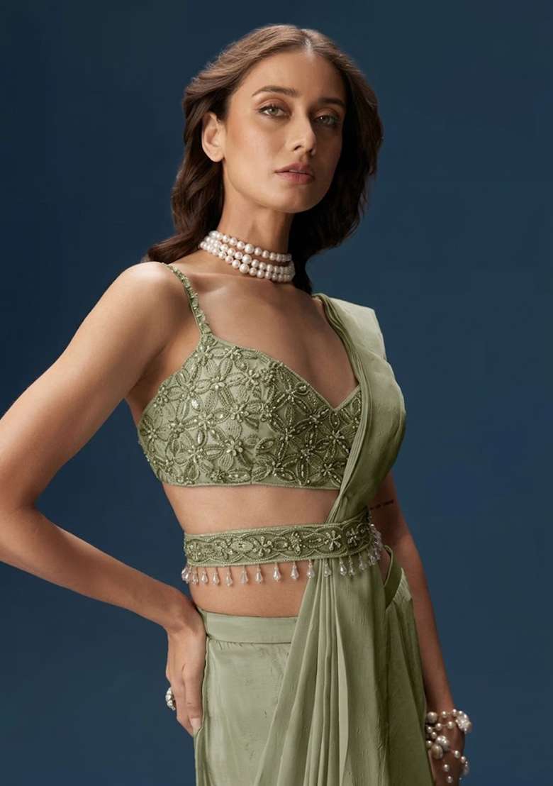 Sage Green Handwork Satin Pre Draped Saree Set - Indya