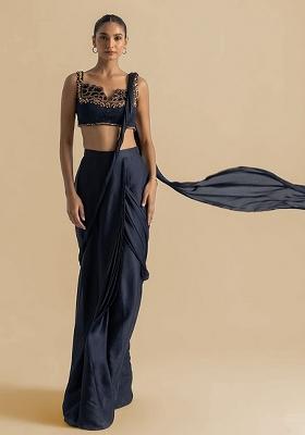 Navy Blue Handwork Crepe Pre Draped Saree Set