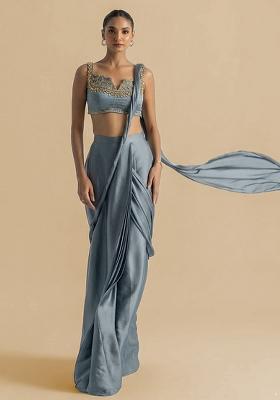 Grey Handwork Crepe Pre Draped Saree Set