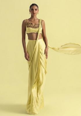 Yellow Handwork Crepe Pre Draped Saree Set