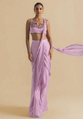 Lilac Handwork Crepe Pre Draped Saree Set