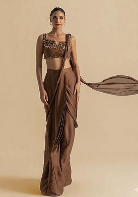Brown Handwork Crepe Pre Draped Saree Set