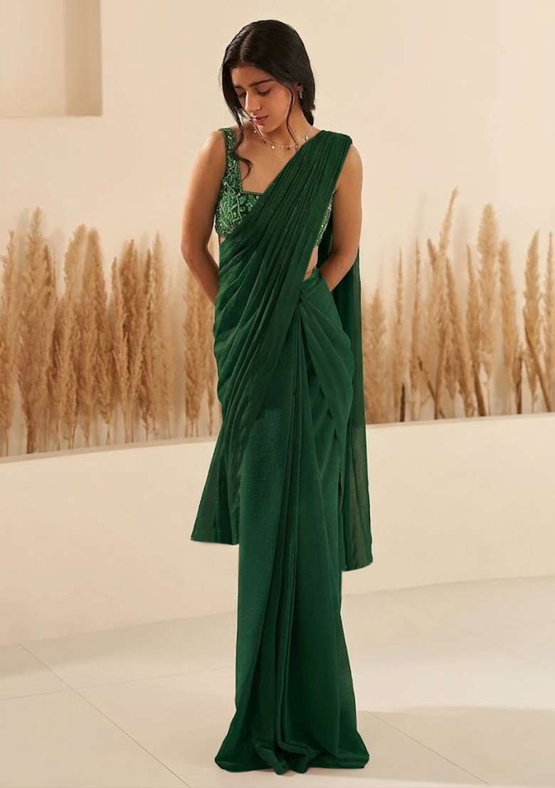 Green Hand Work Georgette  Pre Draped Saree Set - Indya