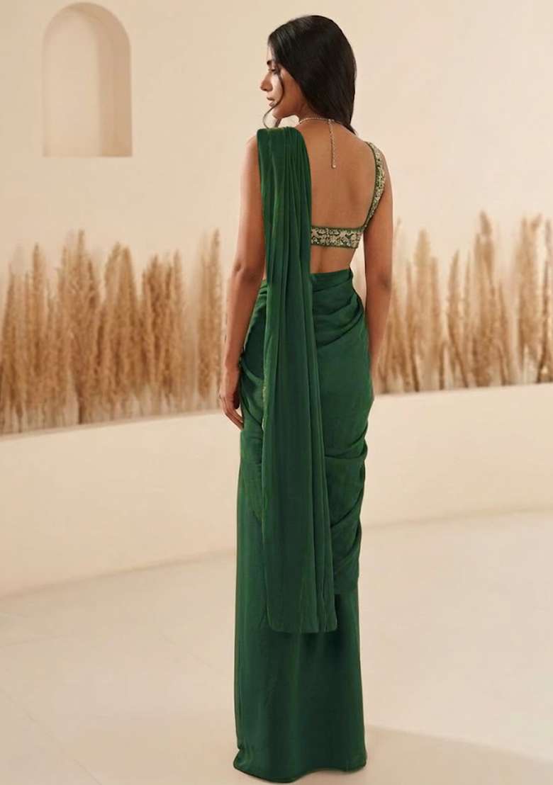 Green Hand Work Georgette  Pre Draped Saree Set - Indya