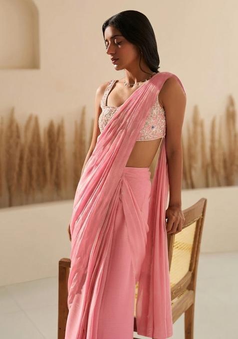 Pink Hand Work Georgette  Pre Draped Saree Set