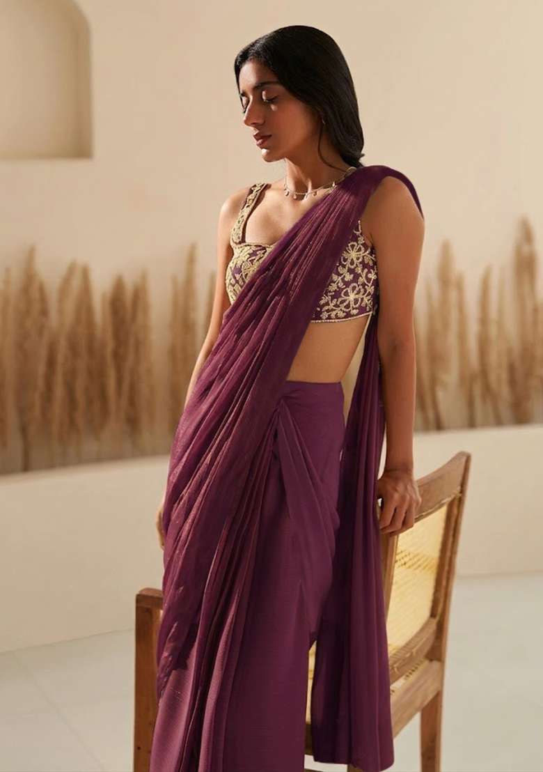 Purple Hand Work Georgette  Pre Draped Saree Set - Indya
