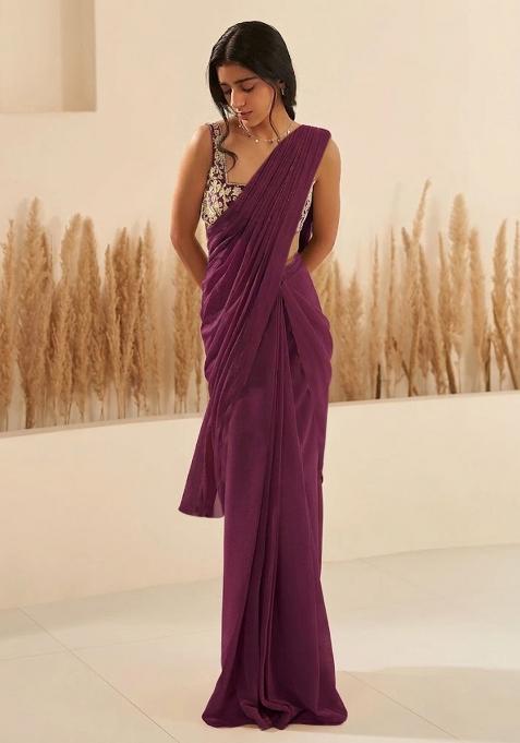 Purple Hand Work Georgette  Pre Draped Saree Set