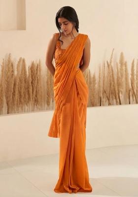 Rust Hand Work Georgette  Pre Draped Saree Set