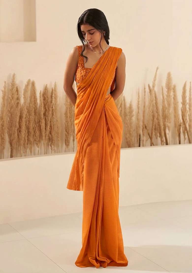 Rust Hand Work Georgette  Pre Draped Saree Set - Indya