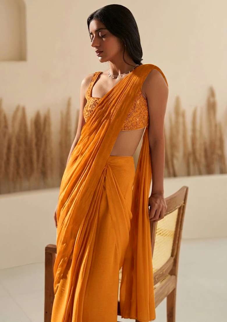 Rust Hand Work Georgette  Pre Draped Saree Set - Indya