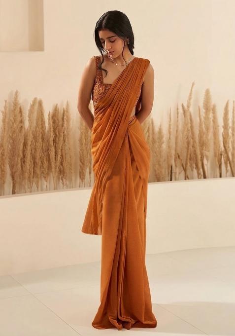 Rust Hand Work Georgette  Pre Draped Saree Set