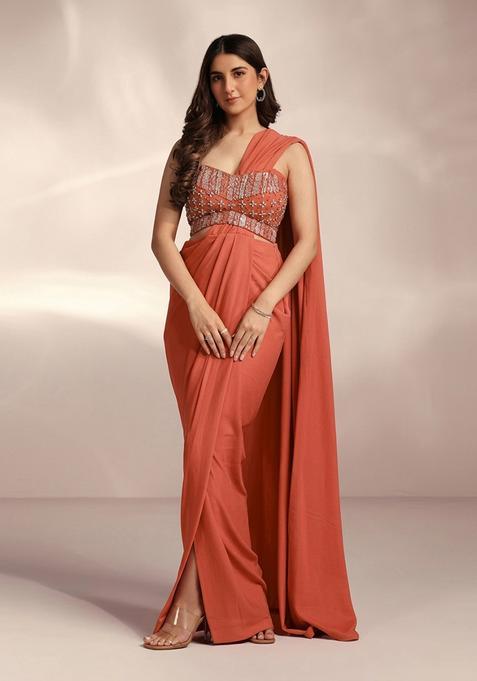 Rust Orange Hand Work Crepe Pre Draped Saree Set