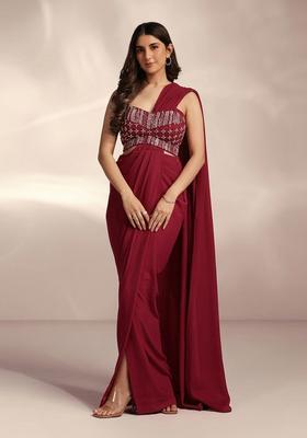 Wine Red Hand Work Crepe Pre Draped Saree Set