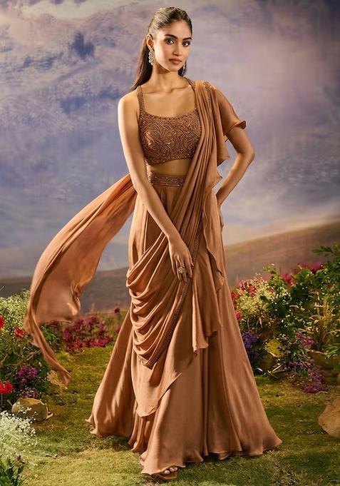 Copper Brown Hand Work Silk Pre Draped Saree Set