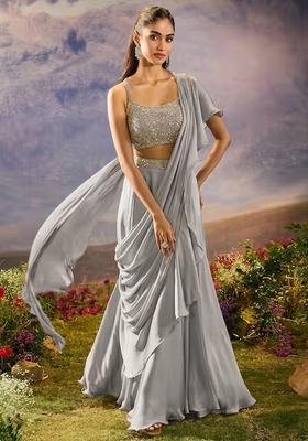Silver Grey Hand Work Silk Pre Draped Saree Set