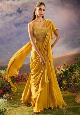 Yellow Hand Work Silk Blend Pre Draped Saree Set
